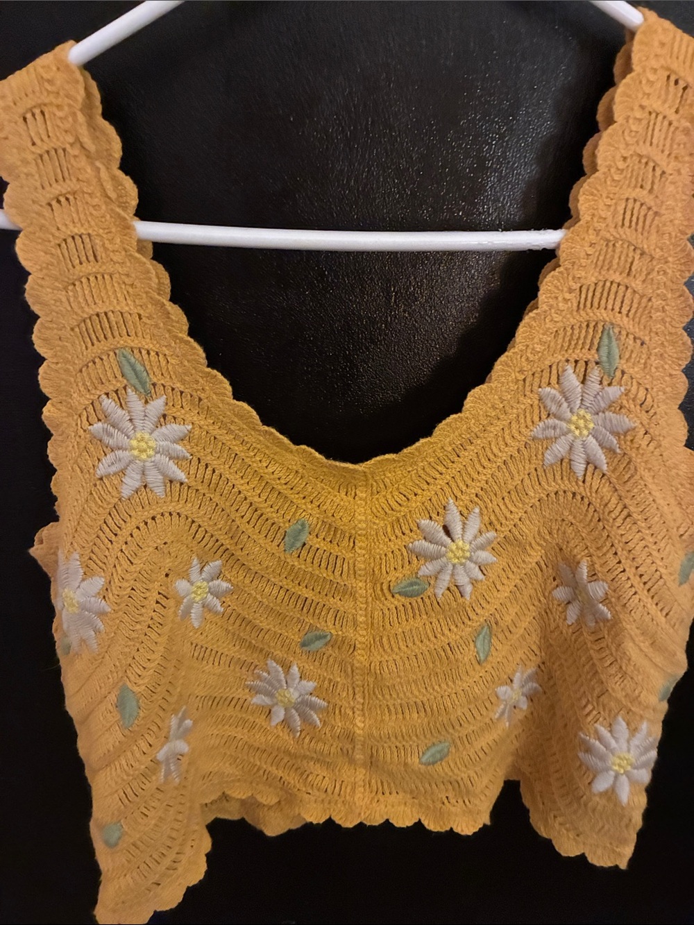 Crochet Daisy V-Neck Tank Sweater in Yellow Cotton Blend M/L